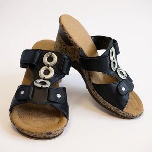 Rieker Black Leather Slides with Silver Ring Details